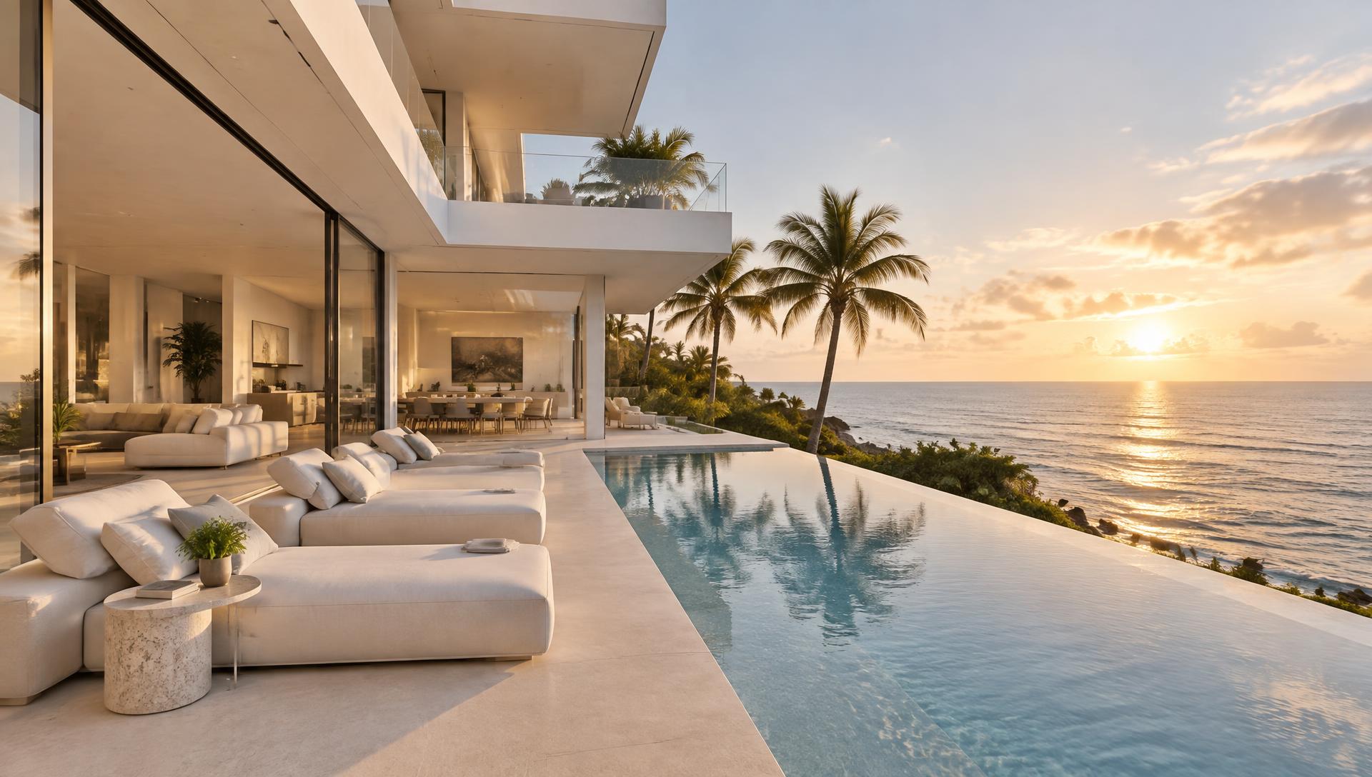 Sunlit modernist villa with infinity pool overlooking the Atlantic, South Florida