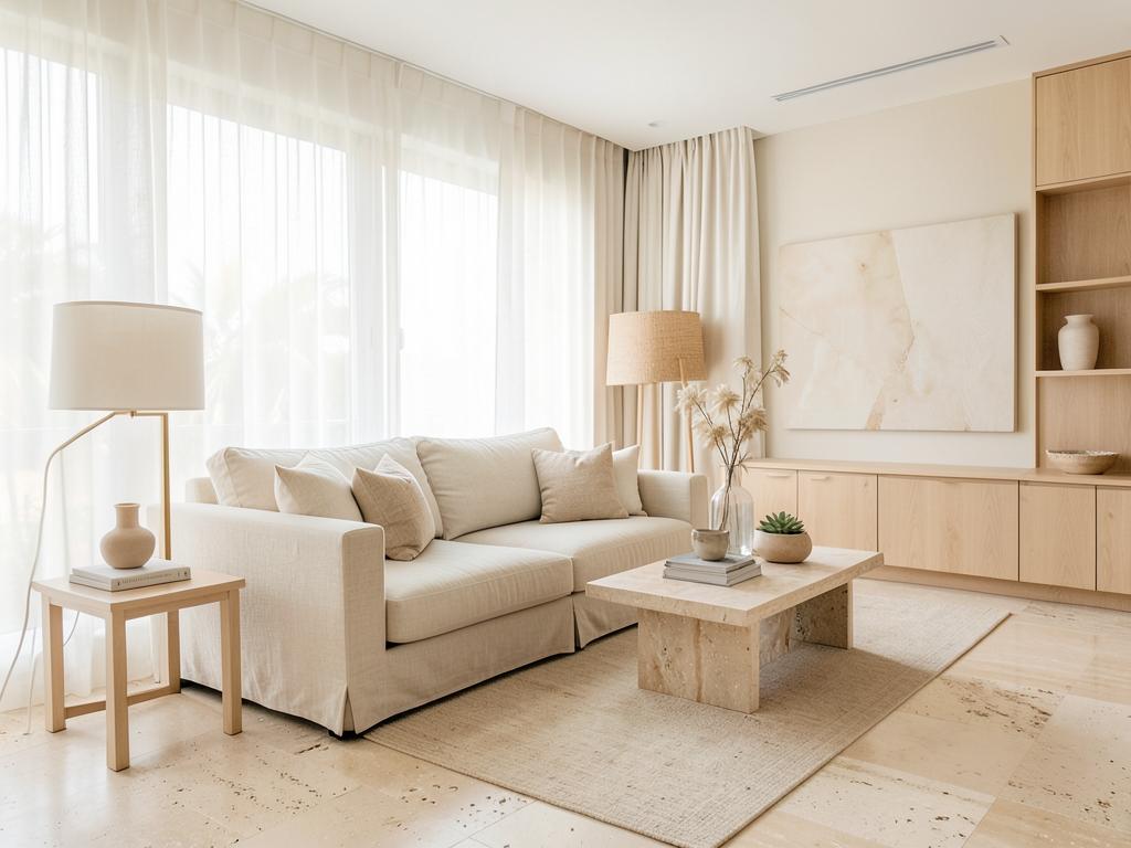 Warm minimalist coastal living room, Coral Gables